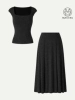 2Pcs Set Square Neck Bra Top & Midi Skirt with Pockets - Image 11