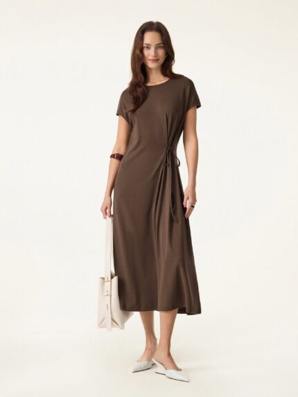 Cotton Lyocell Easy Airy Midi Dress with Self-Tie